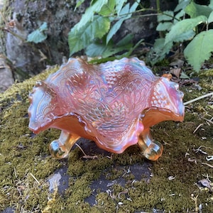 Vintage Fenton Iridescent Marigold Carnival Glass 6.5&quot; Lotus and Grape 3-Footed Bowl / Candy Dish w/ Ruffled Edge