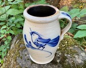 Vintage Ethan Allen Rowe Pottery Works RPW 8 quot Salt Glazed Stoneware Blue Bird Water Jug Pitcher Crock Vase w Handle