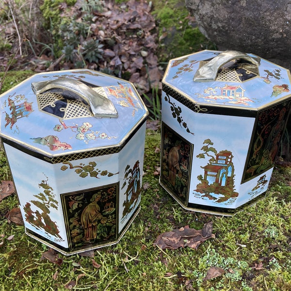 Vintage Peek, Frean & Co. Chinoiserie Style Biscuit Tin / Cookie Canister / Kitchen Storage w Asian Scene (Made in England, Sold Separately)