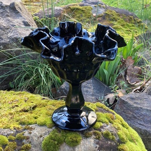 Gorgeous 6.25" Black Fenton Glass "Thumbprint" Pedestal Candy Dish w/ Ruffled Double Crimp Edge