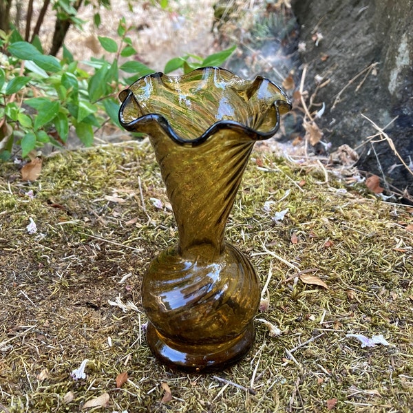 Vintage Hand-Blown Amber Glass Small 4.5" Bud Vase w/ Swirls and Ruffled Edge