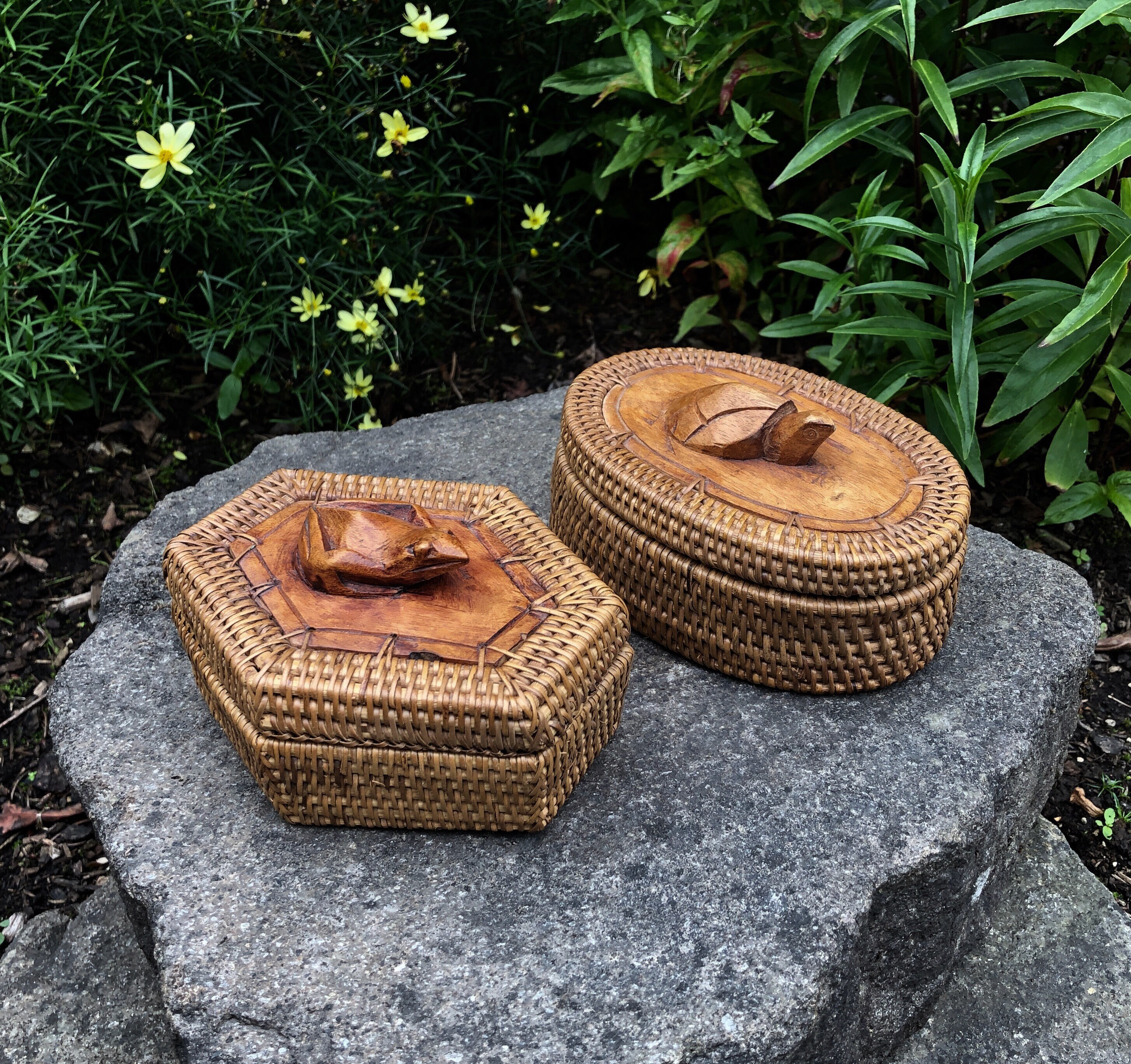Vintage Oblong Wicker / Rattan Small Lidded Baskets w/ Hand-Carved Wooden Figures, Frog or Turtle (Made in Indonesia) Sold Separately