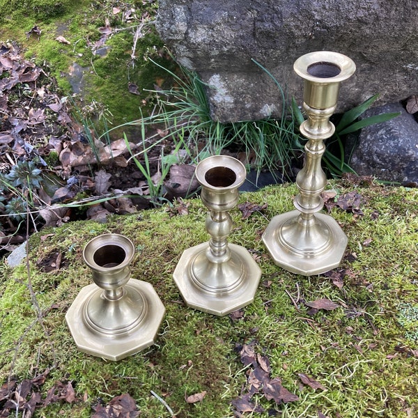 Set of 3 Vintage Baldwin Polished Brass Graduated Candlestick Holders (for taper candles) 7" 5" 3"