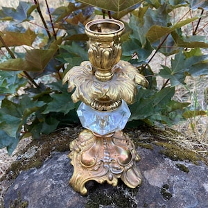 Vintage Ornate Brass Candlestick Holder with Faceted Lucite (for taper candle)