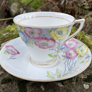 Vintage Rosina Hand-Painted Bone China Teacup & Saucer w/ Pink, Yellow, and Blue Flowers and Gold Trim (made in England) #4937