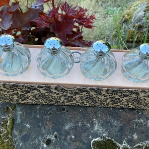 May include: Set of four clear glass salt and pepper shakers with silver tops in a box with a black and white floral pattern.