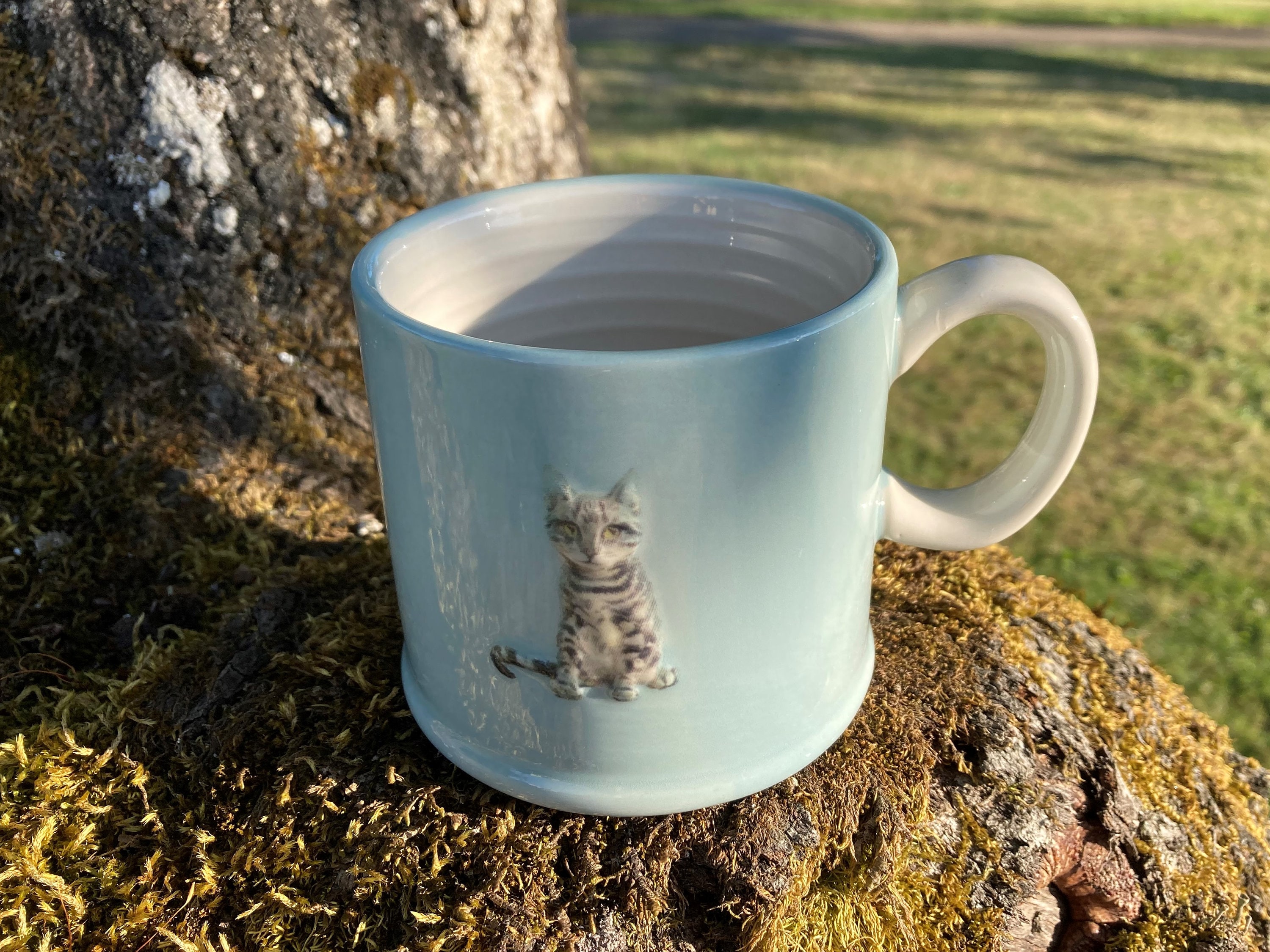 The Old Pottery Company Coffee Mug in Light Blue W/ Gray Tabby Cat / Kitty  / Kitten - Etsy