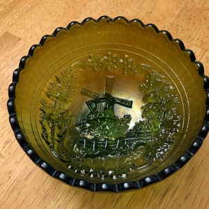 Vintage Imperial Carnival Glass 4.5&quot; Iridescent Green &quot;Windmill&quot; Pattern #514 Berry Bowl / Candy Dish w Raised Dutch Windmill & Flower Scene