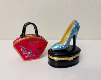 Vintage Collectible Hinged Porcelain and Metal Trinket Boxes, Your Choice:  Flowered Purse or High Heeled Pump
