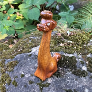 Vintage Kitschy Long-Neck Faux Wood Poodle Dog w/ Rhinestone Eyes 5.25&quot; tall