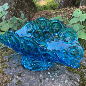 Vintage L.E. Smith 12" Blue Glass "Moon & Stars" Banana Boat Pedestal Bowl / Centerpiece