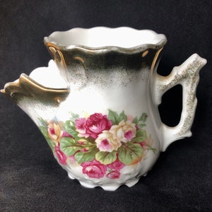 Vintage Antique Porcelain Shaving Scuttle Mug with Roses & Gold Trim (Three Crown China, Made in Germany)