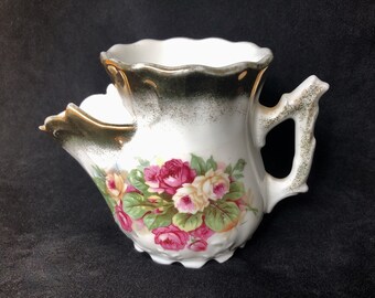 Taza de afeitar antigua de porcelana vintage con rosas y ribete dorado (Three Crown China, fabricada en Alemania)