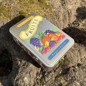 May include: A rectangular tin box with a silver lid featuring a colorful fruit design. The lid has the word "FRUITS" in a yellow banner and the words "Sugar-Sucre" in a blue banner. The box is resting on a rough, textured surface.