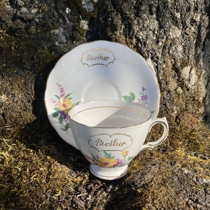 Vintage Royal Vale Bone China Floral &quot;Mother&quot; Teacup & Saucer w/ Pink and Yellow Flowers (Made in England)