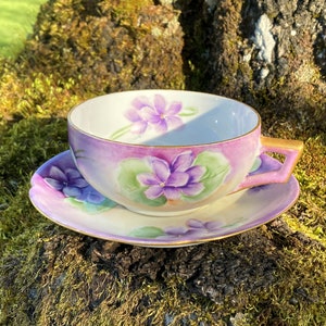 Vintage Hand-Painted Imperial PSL Empire Austria Teacup & Saucer w/ Purple Violets and Gold Trim