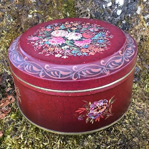 Vintage Collectible Round English Storage Tin - Burgundy w/ Floral Design by Barringer Wallis and Manners (Mansfield, England)