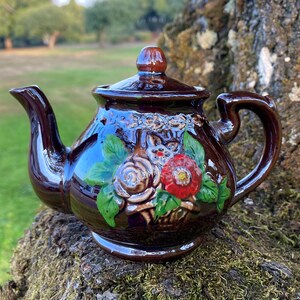Vintage Brown Luster Miniature 5&quot; Teapot w/ Embossed Hand-Painted Flowers (Japanese Redware)