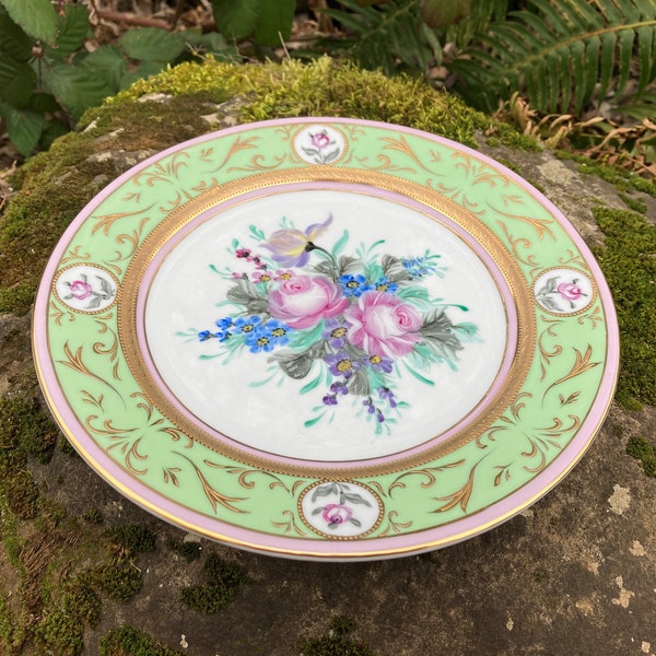 Vintage R.S. Prussia Hand-Painted 9" Decorative Plate w/ Flowers, Pink Roses, Mint Green Band, and Gold Trim (Reproduction?)