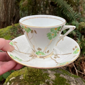 Vintage Art Deco Style Hand-Painted Phoenix China TF&S Bone China Teacup and Saucer w/ Green Flowers and Gold Accents (Made in England)