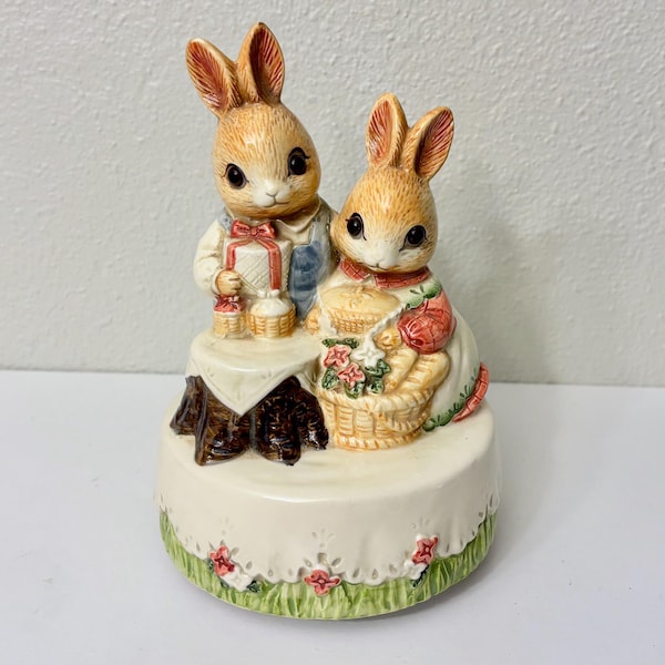 Vintage Takahashi San Francisco Ceramic Bunny Rabbit Couple Party Music Box, Plays "My Favorite Things", Made in Japan