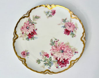 Vintage Haviland Limoges 7 1/2" handbemalter Teller mit rosa Chrysanthemen, Goldbesatz, hergestellt in Frankreich