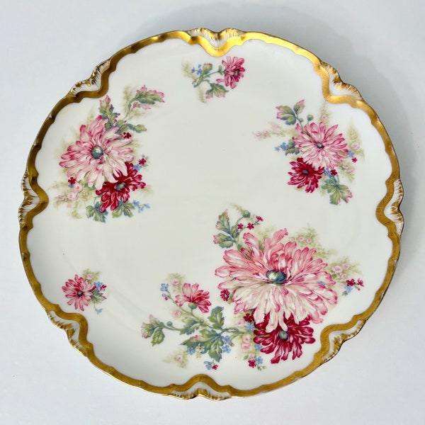 Vintage Haviland Limoges 7 1/2" Hand Painted Plate w/ Pink Chrysanthemums, Gold Trim, Made in France