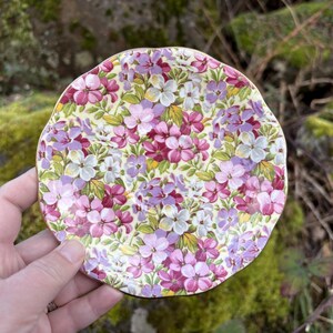 May include: A small, round plate with a floral pattern. The plate features a cream-colored background covered in pink, purple, and white flowers with green leaves. The plate is held in a hand, with a natural, mossy background.