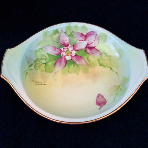 Vintage Meito dipinto a mano firmato China Candy Bowl / Trinket o Ring Dish w / Maniglie, Colombine / Orchidee, Finiture in oro, Made in Japan