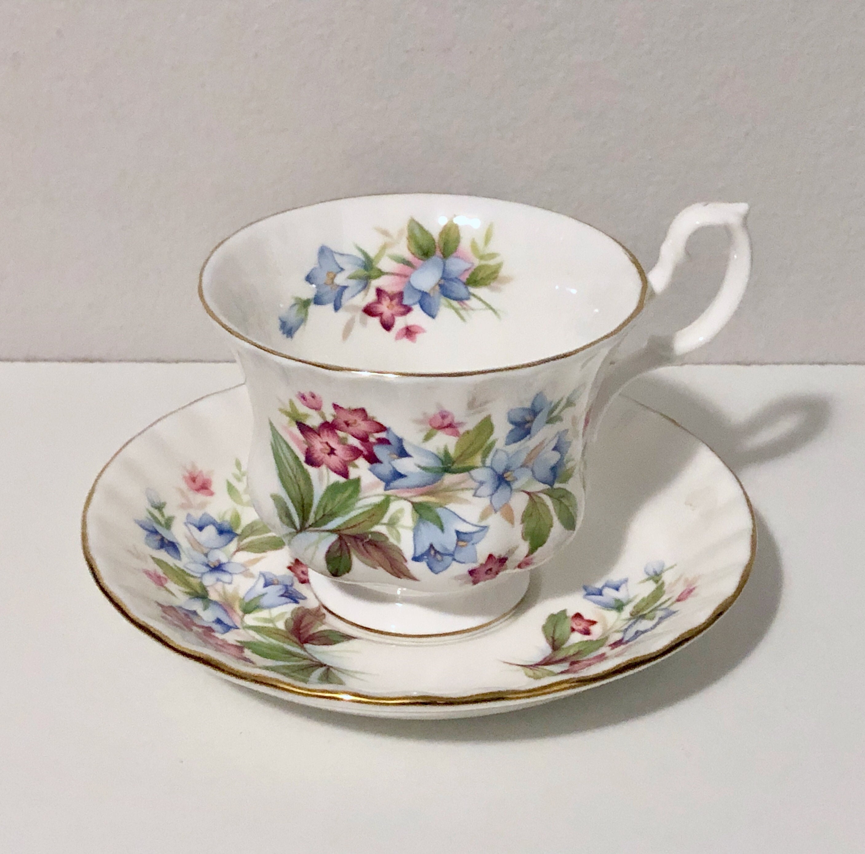 Vintage Royal Albert Bone China "Bourton" Teacup and Saucer, Summertime Series w/ Bluebells & Pink Flowers, Made in England, Two Available