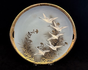 Vintage 9 1/4" Hand-Painted R. S. Plate with Flying Swans, Gold Accents, Open Handles, Made in Japan