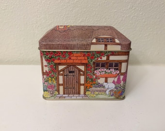 Vintage Collectible Lithograph Cottage Tin with Lid, by Keller-Charles of Philadelphia, Made in Hong Kong