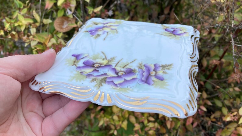Vintage Dresden Germany Ceramic Trivet w/ Purple Flowers and Gold Trim image 3