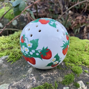 Vintage Ceramic Pomander Ornament w/ Strawberry Pattern (sachet ball, potpourri, home fragrance, re-fillable scent)