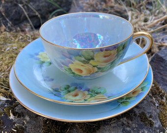 Vintage 1945 Hand-Painted Teacup Trio w/ Pink OR Yellow Roses, Luster Finish, and Gold Trim (2 available, sold separately)