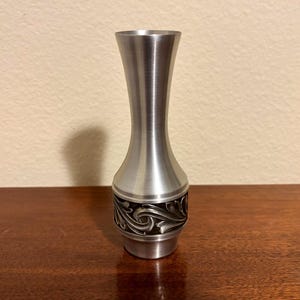 Vintage Norway Astri Holthe Pewter Scandinavian Design 6" Bud Vase with Swirled Leaf Pattern