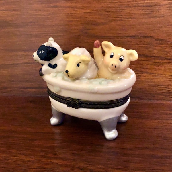 Rare Item!  Vintage Ceramic Hinged Collectible Trinket w/ Farm Animals in Tub, Cow, Sheep, Pig by D.N. & E.I., Made in Germany