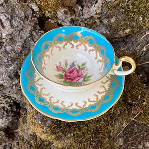 Rare Vintage Aynsley Bone China Turquoise Teacup & Saucer w/ Pink Roses and Ornate Gold Trim (Made in England)