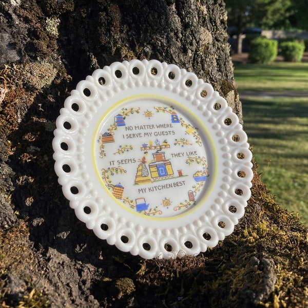 Vintage Westmoreland Milk Glass 5.5" Plate w/ Reticulated Lace Edge, Retro Faux Cross Stitch Pattern, and Kitchen Quote