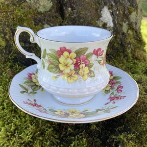 Vintage Queen&#39;s Rosina &quot;Wild Flowers&quot; Fine Bone China Teacup and Saucer w/ Pink & Yellow Floral Pattern (Made in England)