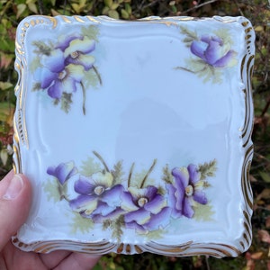 Vintage Dresden Germany Ceramic Trivet w/ Purple Flowers and Gold Trim