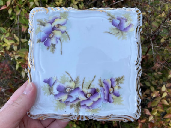 Vintage Dresden Germany Ceramic Trivet w/ Purple Flowers and Gold Trim