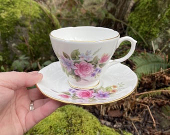 Vintage Duchess "Estelle" Bone China Teacup & Saucer w/ Pink and Purple Flowers (Made in England)