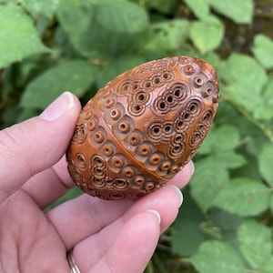 Antique 19th Century Victorian Carved Coquilla Nut 2.5&quot; Egg-Shaped Sewing Box / Etui / Rosary Case / Thimble Holder / Pomander / Flea Trap