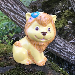 Vintage Lion Piggy Bank (Yellow Ceramic w/ Flowers) 5&quot; tall