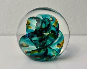 Vintage Hand Blown Signed Art Glass 2 1/2" Paperweight with Swirled Teal Flower