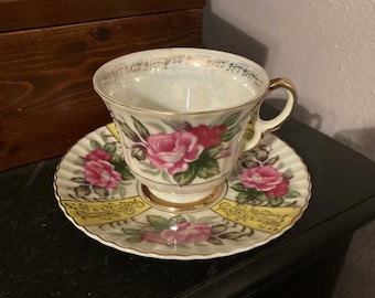 Vintage Marco Lusterware Gerimpelde Theekop & Schotel w / Roze Rozen, Gele Streep, en Gouden Trim