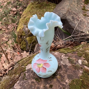 Vintage Light Blue Blown Glass 7.5&quot; Vase w/ Hand-Painted Pink Flower and Ruffled Edge