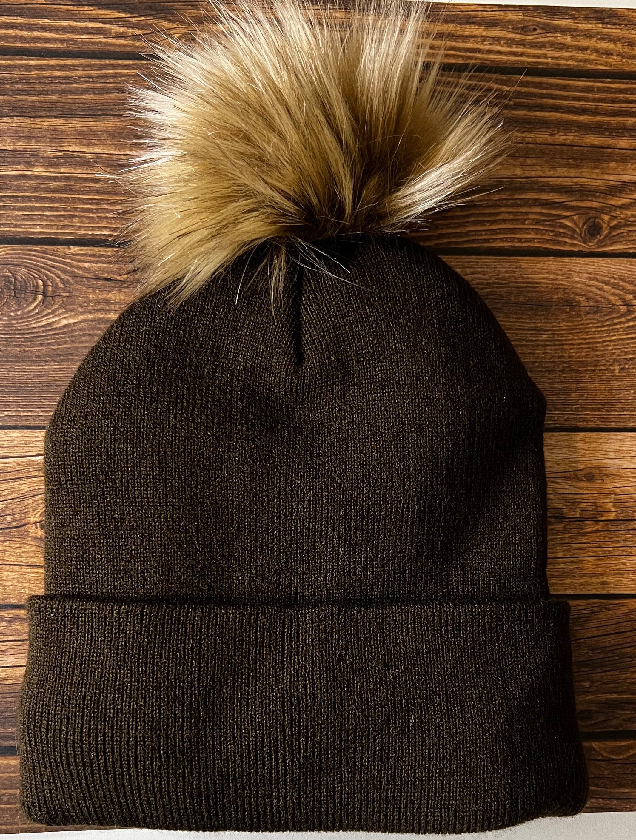Brown Faux Fur Puff Ball Beanie with 
