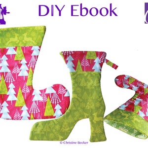 May include: DIY Ebook: Three Christmas stockings with a green and pink Christmas tree pattern. The stockings are made of fabric and have a green and pink color scheme. The stockings are decorated with a Christmas tree pattern. The stockings are perfect for adding a festive touch to your home.
